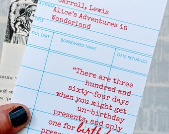 Alice in Wonderland Library Card Birthday Card, Unbirthday, Half-birthday, Book Lover Gift for Reader Bookworm Lewis Carroll Literary Quotes