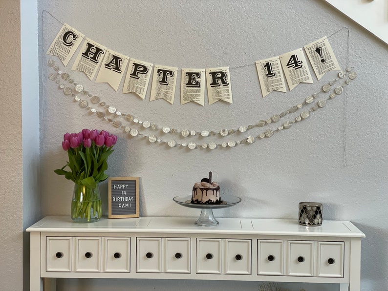 Custom Bookish Birthday Banner | Next Chapter Party Decor | Vintage Book Page Bunting image 4