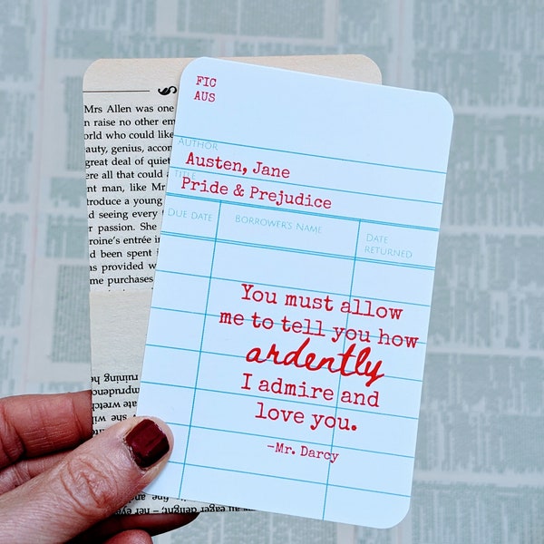 Jane Austen Quotes Library Card, Bookmark, Pride and Prejudice Book Quotes, Book Lover Bookish Literary Gift, Mr Darcy  Quote Set of Four