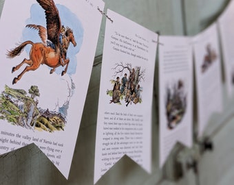 Banner di Narnia, pagine di libri e spago da panettiere, 12 bandiere, leone, strega, decorazione per feste per guardaroba, regalo libresco, decorazione da parete per l'asilo nido, librologia