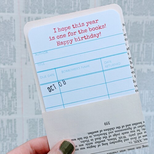 Library Card Birthday Card | Vintage Book Page Pocket, Bookish Gift