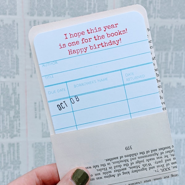 Library Card Birthday Card | Vintage Book Page Pocket, Bookish Gift