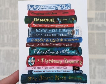 Christmas Bookstack Postcard, Holiday Card, Bookish Gift, Book Lover, Flat Card, Teacher Gift, Red and Green Books