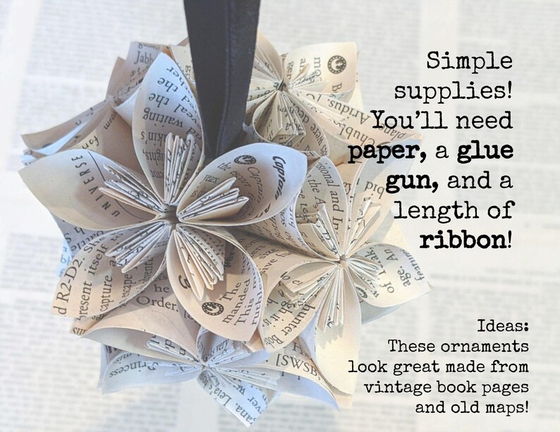 May include: A close-up of a paper ornament made from book pages. The ornament is shaped like a flower and is hanging from a black ribbon. The text "Simple supplies! You'll need paper, a glue gun, and a length of ribbon!" is written in white text on a white background. The text "Ideas: These ornaments look great made from vintage book pages and old maps!" is written in black text on a white background.