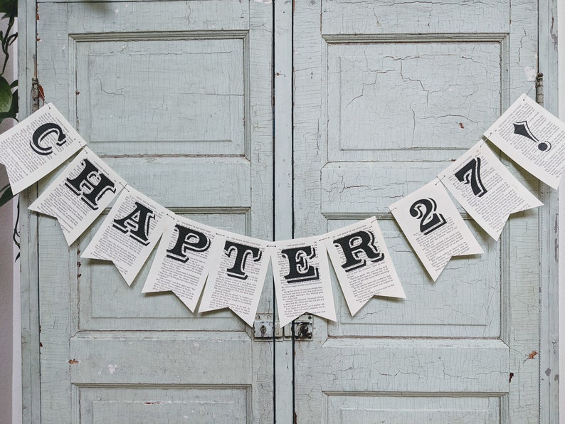 Custom Bookish Birthday Banner | Next Chapter Party Decor | Vintage Book Page Bunting image 1