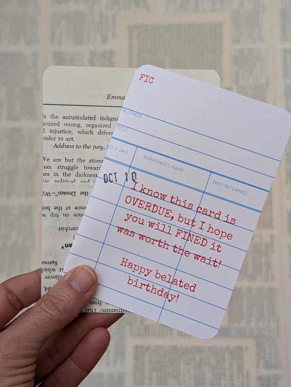 OVERDUE Belated Birthday Card, Punny Birthday, Vintage Style Library Card, Book Lover Card, Bookish, Geeky Gift, Late Birthday, Bookology