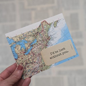 Carte d'anniversaire/amour Perdu sans vous, carte vintage de voyageur, carte de voeux amitié, cartes du monde, Bookology Co.