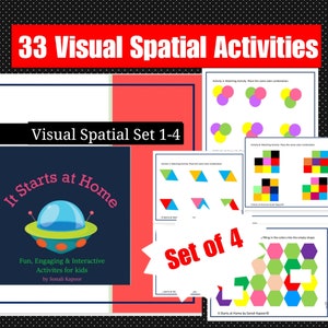 May include: A set of four printable visual spatial activity worksheets for kids. The worksheets feature colorful shapes, patterns, and color matching activities. The title of the set is "It Starts at Home" and the set is labeled "Set of 4".