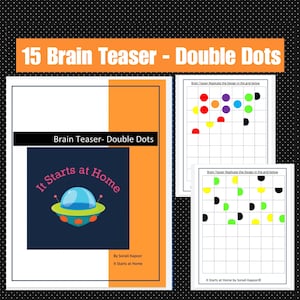 May include: A book cover with a colorful spaceship illustration and the title "It Starts at Home" in a black and white font. The book is titled "15 Brain Teaser - Double Dots" and is by Sonali Kapoor.