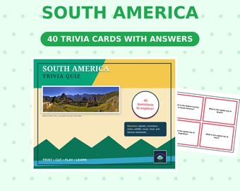 South America Trivia Game, 40 Printable Cards, Geography Quiz (Digital Download)