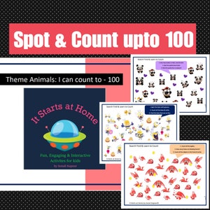 May include: A printable worksheet for children to practise counting up to 100. The worksheet features a theme of animals and includes three different search and count activities. The text "It Starts at Home" is visible in the bottom left corner of the worksheet.