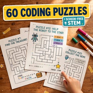Könnte beinhalten: Ein Set aus 60 Programmier-Rätseln auf weißen Papierbögen mit Labyrinth-Herausforderungen wie Puzzle #7 Find the Treasure, Puzzle #12 Help the Robot to the Star und Puzzle #23 Collect the Gem, begleitet von bunten Stiften.