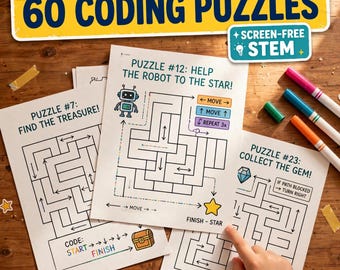 Könnte beinhalten: Ein Set aus 60 Programmier-Rätseln auf weißen Papierbögen mit Labyrinth-Herausforderungen wie Puzzle #7 Find the Treasure, Puzzle #12 Help the Robot to the Star und Puzzle #23 Collect the Gem, begleitet von bunten Stiften.