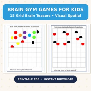 May include: Brain Gym Games for Kids 15 Grid Brain Teasers Visual Spatial printable PDF. Two worksheets feature grids with colourful circles and semi-circles to replicate. Text includes Brain Teaser Replicate the Design in the grid below.