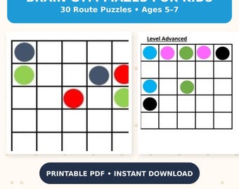 Brain Gym Mazes for Kids Ages 5-7, 30 Printable Route Puzzles & Brain Teasers, Logic Worksheets, Screen-Free Quiet Time Activities, PreK