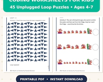 Unplugged Coding Worksheets for Kids, 45 Loop Puzzles, Ages 4-7 (PDF Download)
