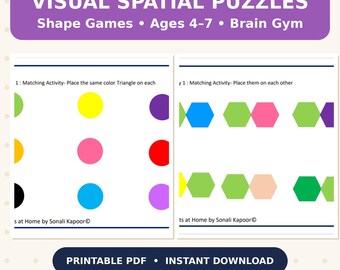 Brain Gym Puzzles for Kids Ages 4-7, Visual Spatial Shape Games, Brain Teasers, Pattern Matching, Printable Logic Worksheets, Quiet Time