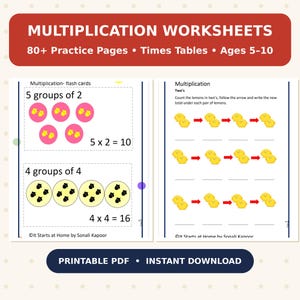 May include: A set of multiplication worksheets featuring 80+ practice pages for ages 5-10. The pages include flash cards with visual groupings of acorns and lemon-themed exercises with arrows to count in twos, all labeled as a printable PDF.