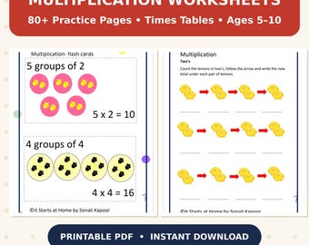 Multiplication Worksheets Kids Ages 5-10, 80+ Times Tables Practice, Math Drills & Charts, Printable PDF, Homeschool Math, 3rd Grade Fluency