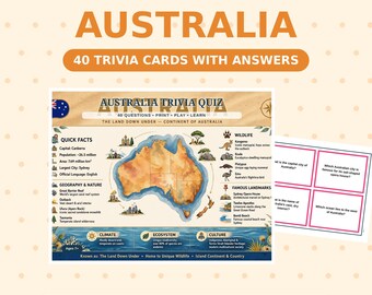 Australia Trivia Game, 40 Printable Cards, Geography Quiz (Digital Download)
