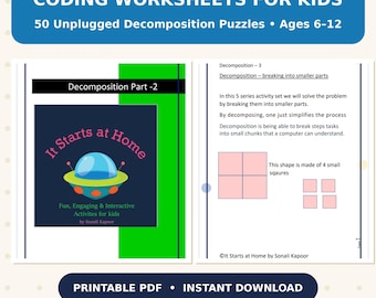 Unplugged Coding Worksheets for Kids, 50 Decomposition Puzzles (PDF)