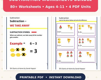 Subtraction Worksheets Bundle, 80+ Printable Practice for Ages 4-11, Regrouping, Mental Math & Word Problems, Homeschool Math, 4 PDF Units