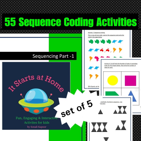55 Coding Worksheets for kids| Sequencing | Instant Digital download| Quiet book| Busy Book| STEM Activities| Printables