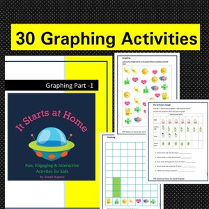 May include: A colourful printable worksheet for children to learn about graphing. The worksheet features a spaceship with a green, blue and red design. The title of the worksheet is "It Starts at Home" and the text "Fun, Engaging & Interactive Activities for Kids by Sonali Kapoor" is at the bottom of the page.