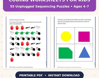 Coding Worksheets for Kids, 55 Unplugged Sequencing Puzzles, Screen-Free STEM, Printable PDF, Ages 4-7