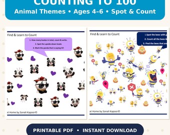 Counting to 100 Activities for Kids Ages 4-6, Animal Theme Number Sense, Spot & Count Printable Math, Kindergarten Worksheets, 1 PDF