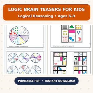 May include: Logic Brain Teasers for Kids printable PDF featuring logical reasoning puzzles for ages 6-9. The pages display circular charts divided into segments with colorful shapes and patterns, alongside grid-based puzzles with geometric icons.
