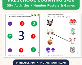 Preschool Counting 1-20 Bundle, 35+ Math Activities, Number Posters (PDF)