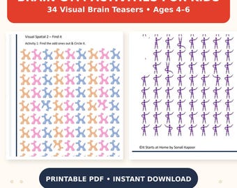 Brain Gym Activities for Kids Ages 4-6, 34 Brain Teasers & Visual Spatial Puzzles, Printable Worksheets, Preschool Focus Games, Quiet Time
