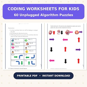 May include: Coding worksheets for kids featuring 60 unplugged algorithm puzzles. The printable PDF includes instructional pages with character charts, directional arrows, and activity sheets showing cats paired with colored arrows for navigation tasks.