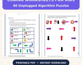Coding Worksheets for Kids, 60 Unplugged Algorithm Puzzles, Screen-Free STEM, Homeschool (PDF)