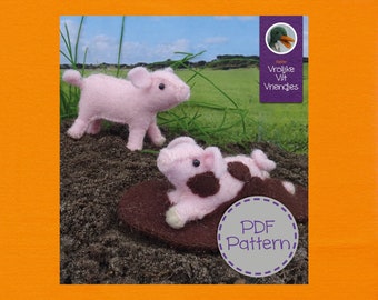 Op de afbeelding: Een PDF-patroon voor het maken van vilt varkens speelgoed. Het patroon bevat twee varkens, één roze en één met bruine vlekken. Het patroon is getiteld "Vrolijke Vilt Vriendjes" wat "Vrolijke Vilt Vrienden" betekent.