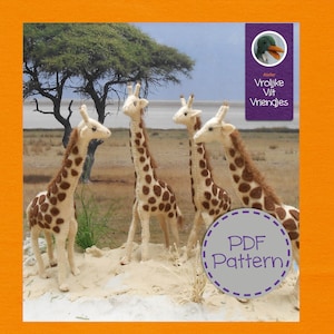 May include: Four felt giraffe toys standing on a sandy surface. The giraffes are brown and white with a spotted pattern. The text "PDF Pattern!" is in a circle on the image.