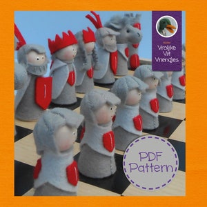 May include: A handmade felt chess set featuring knight pieces with gray tunics, red shields, and crowns. The chess pieces are arranged on a black and white checkered board. The image includes the text "PDF Pattern".