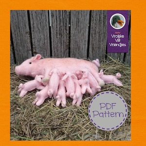 May include: A PDF pattern for a felt pig with piglets. The pattern is called "Vrolijke Vilt Vriendjes" and features a pink pig with 10 piglets.