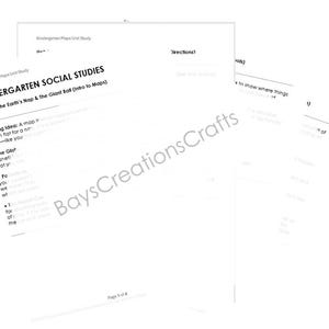 May include: A white document titled "Kindergarten Social Studies" with the text "Unit 1: The Earth's Nap & The Giant Ball (Intro to Maps)". The document includes text about maps and the globe. The document is labeled "Page 1 of 4".