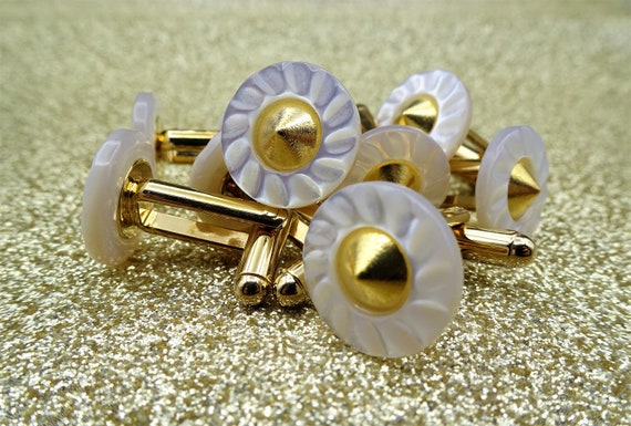 Boutons De Manchette Homme Doré Métallique Et Nacre 'Stripe