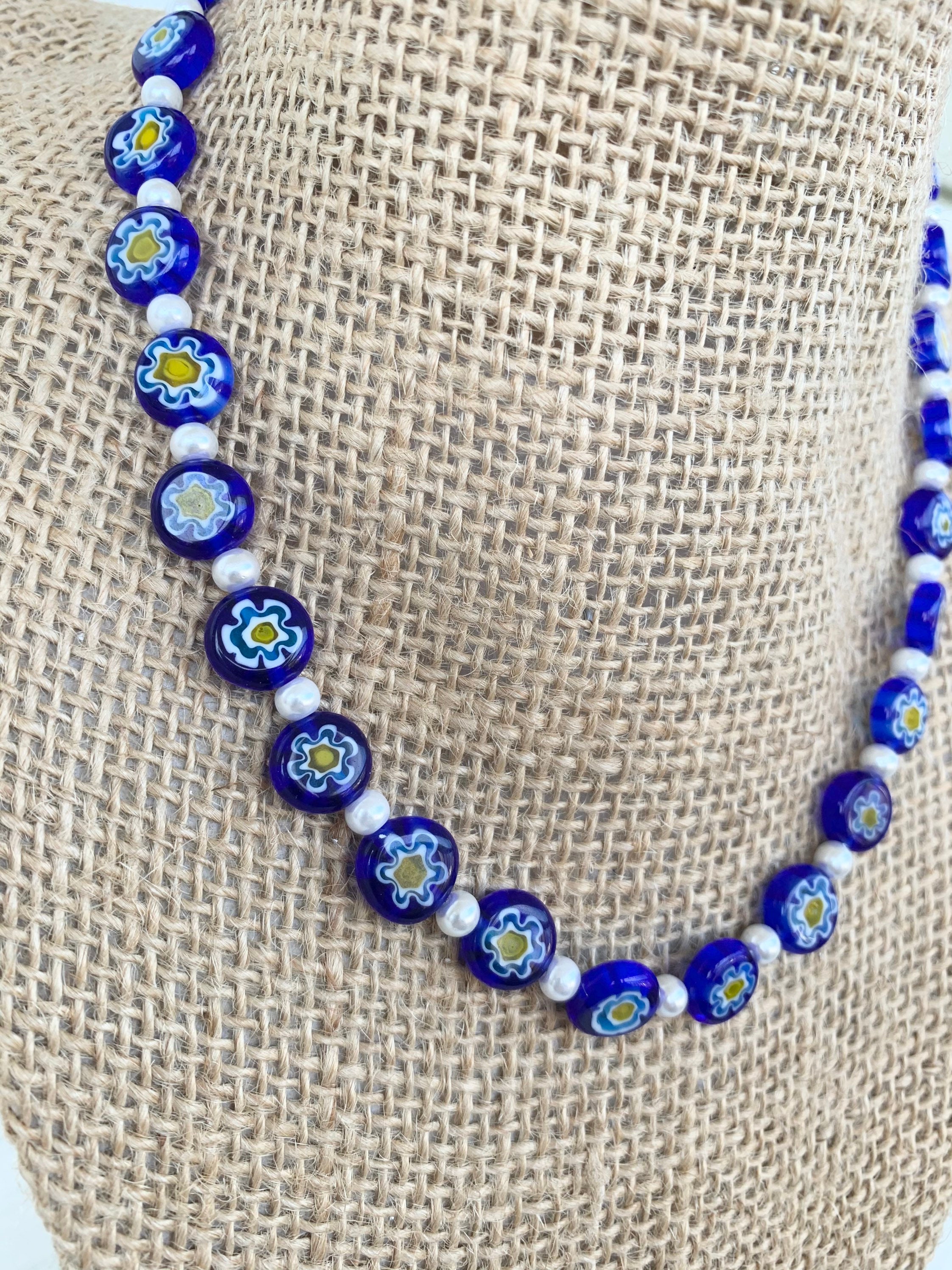 Harry Styles Inspired Dark Blue Millefiori Pearl Necklace
