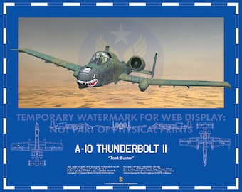 Fairchild Republic A-10 Thunderbolt II WW2 Aviation Art Blueprint "Tank Buster"