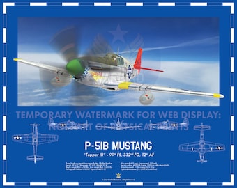 North American P-51B Mustang WW2 Aviation Art Blueprint "Topper III"