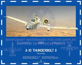 Fairchild Republic A-10 Thunderbolt II WW2 Aviation Art Blueprint "Desert Hog"