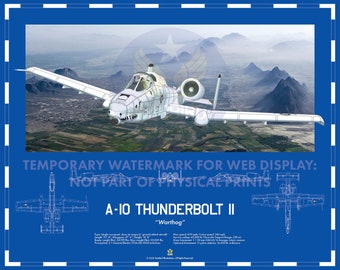 Fairchild Republic A-10 Thunderbolt II WW2 Aviation Art Blueprint "Warthog"