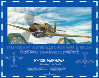 Curtis P-40B Warhawk WW2 Aviation Art Blueprint "Flying Tiger"