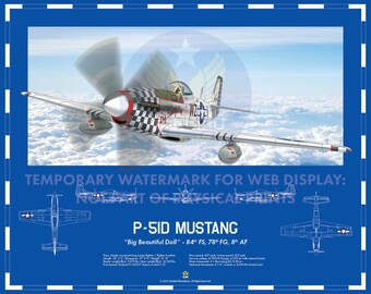 North American P-51D Mustang WW2 Aviation Art Blueprint "Big Beautiful Doll"