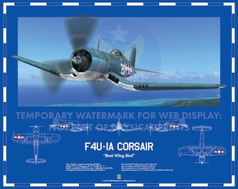 Vought F4U-1A Corsair WW2 Aviation Art Blueprint "Bent Wing Bird"