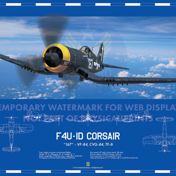 Vought F4U-1D Corsair WW2 Aviation Art Blueprint "167"